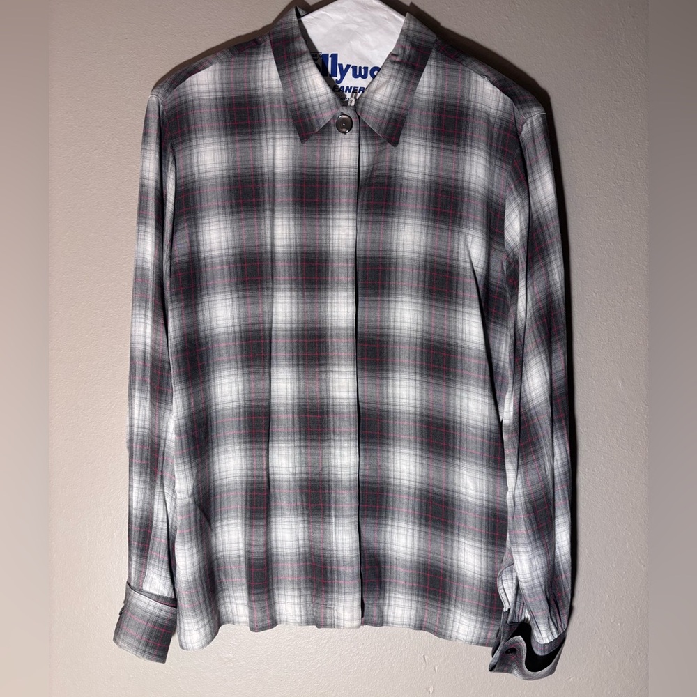 Liz Claiborne Gray and Red Plaid Button-Down Shirt